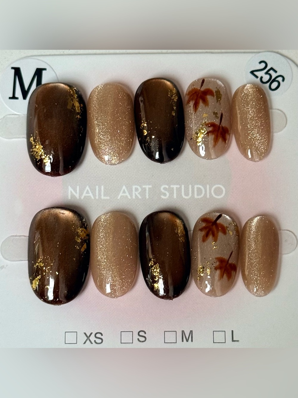 Neutral Brown & Gold Autumn Leaf Press-On Nail Set Fall Special Size M